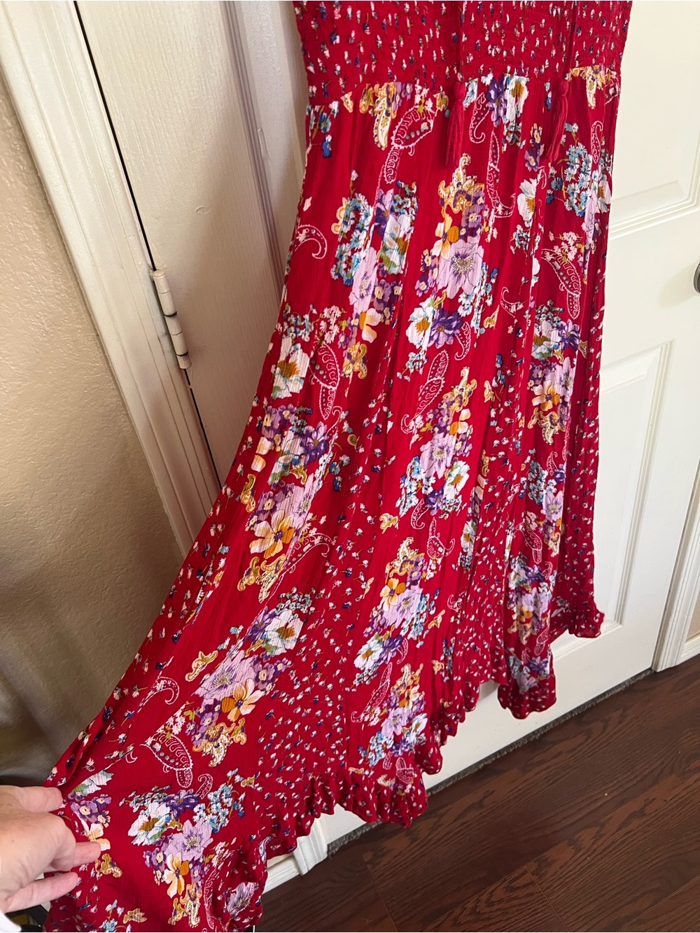 Bila Red Floral Paisley Smocked Waist Boho Maxi Dress L - Picture 5 of 14